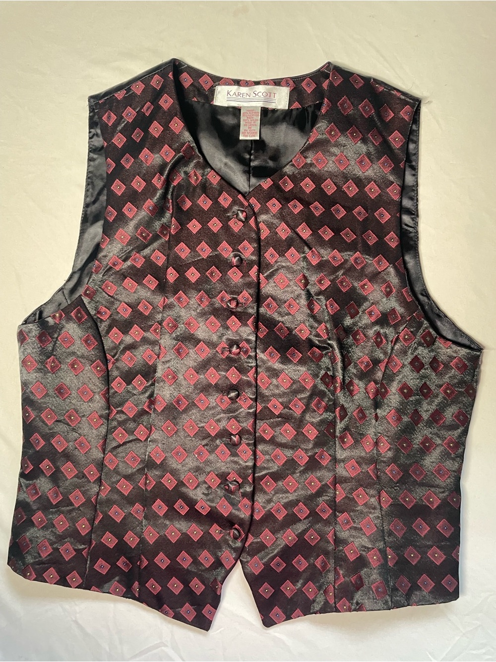 Vintage Women's Karen Scott Vest Geometric Pattern Burgundy Black Size Medium